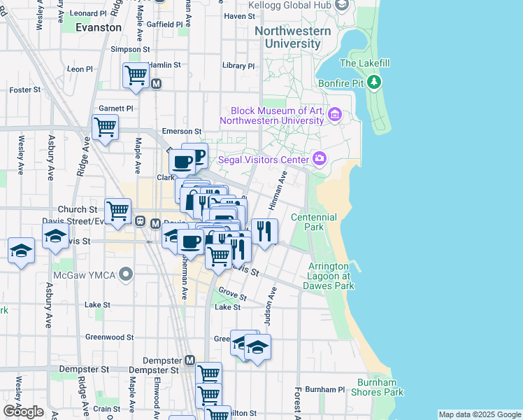 map of restaurants, bars, coffee shops, grocery stores, and more near 1725 Hinman Avenue in Evanston