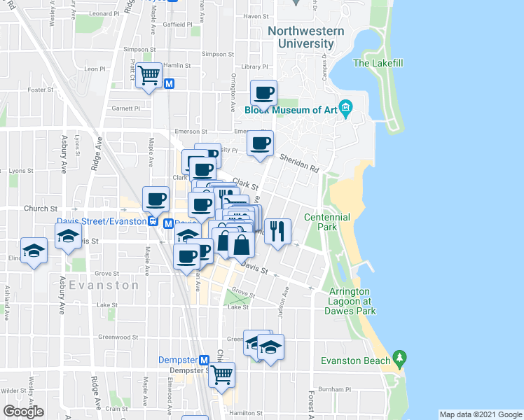 map of restaurants, bars, coffee shops, grocery stores, and more near 1700 Hinman Avenue in Evanston