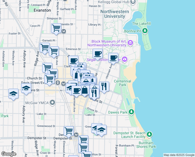 map of restaurants, bars, coffee shops, grocery stores, and more near 525 Church Street in Evanston