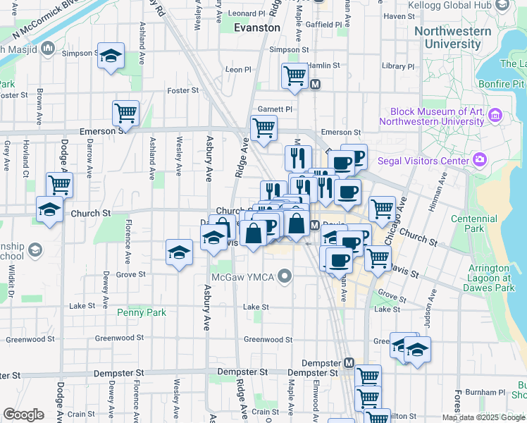 map of restaurants, bars, coffee shops, grocery stores, and more near 1100 Church Street in Evanston