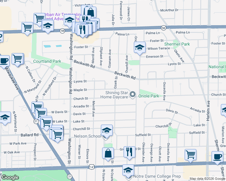 map of restaurants, bars, coffee shops, grocery stores, and more near 9207 Ozark Street in Morton Grove