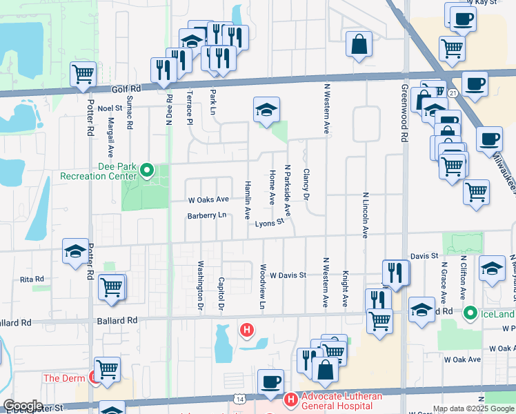 map of restaurants, bars, coffee shops, grocery stores, and more near 8940 Lyons Street in Des Plaines