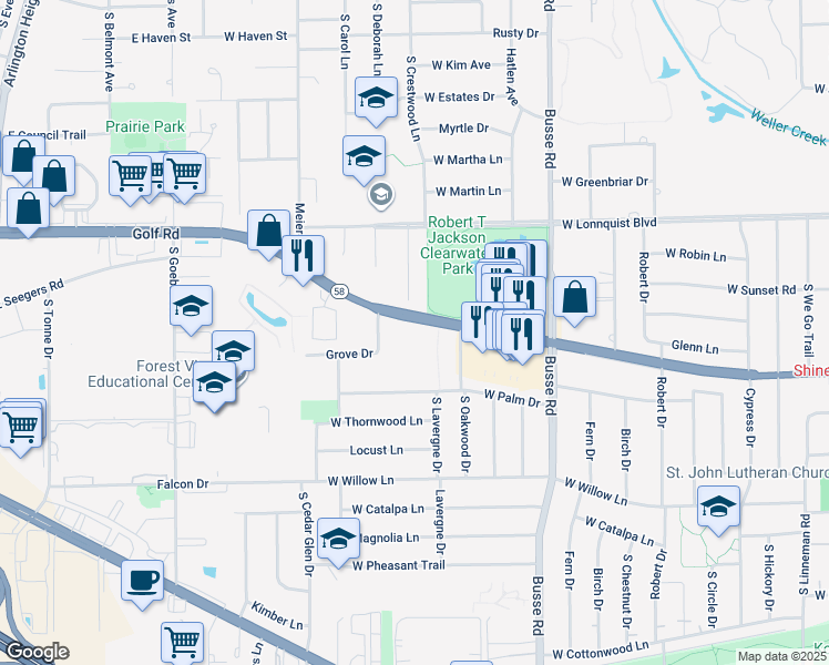 map of restaurants, bars, coffee shops, grocery stores, and more near 1821 West Golf Road in Mount Prospect