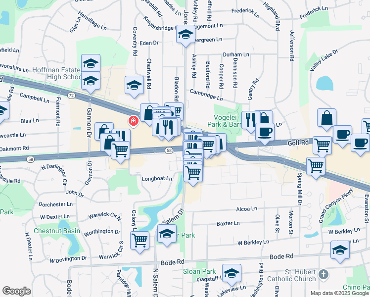map of restaurants, bars, coffee shops, grocery stores, and more near 801 West Golf Road in Schaumburg
