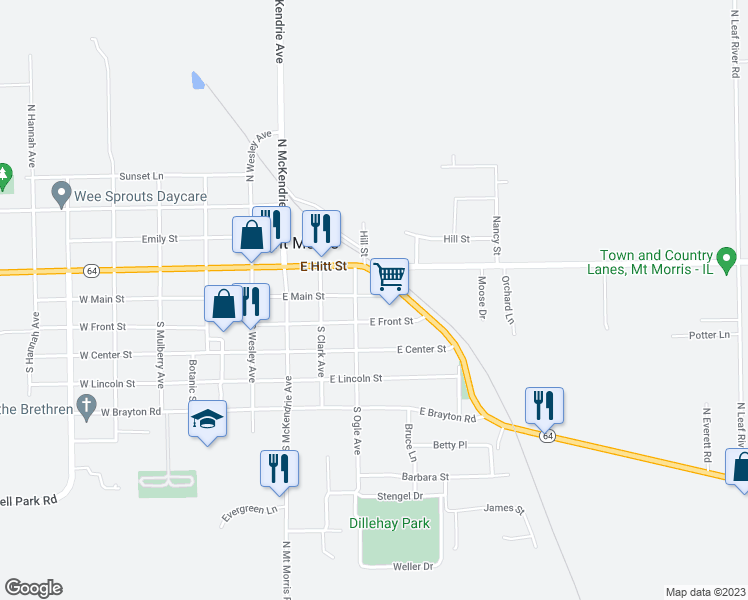 map of restaurants, bars, coffee shops, grocery stores, and more near 304 East Front Street in Mount Morris