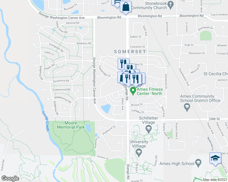 map of restaurants, bars, coffee shops, grocery stores, and more near 2800 Northridge Parkway in Ames