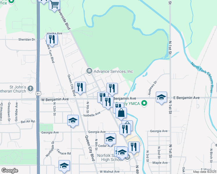 map of restaurants, bars, coffee shops, grocery stores, and more near 711 Country Club Road in Norfolk