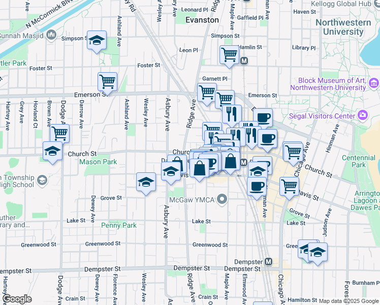 map of restaurants, bars, coffee shops, grocery stores, and more near 1136 Church Street in Evanston