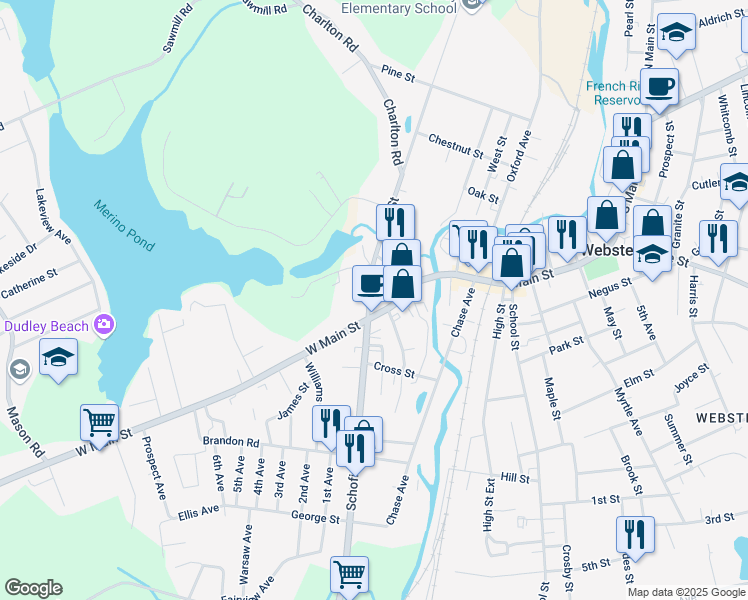 map of restaurants, bars, coffee shops, grocery stores, and more near 34 West Main Street in Dudley