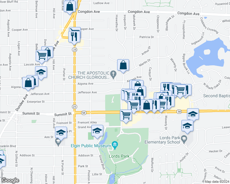 map of restaurants, bars, coffee shops, grocery stores, and more near 743 Jefferson Avenue in Elgin