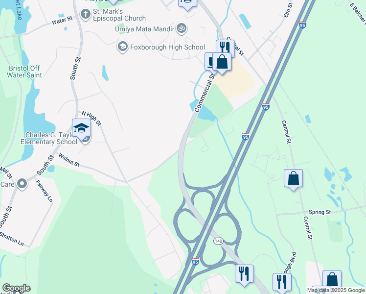 map of restaurants, bars, coffee shops, grocery stores, and more near in Foxborough