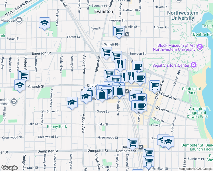 map of restaurants, bars, coffee shops, grocery stores, and more near Church St & Oak Ave in Evanston