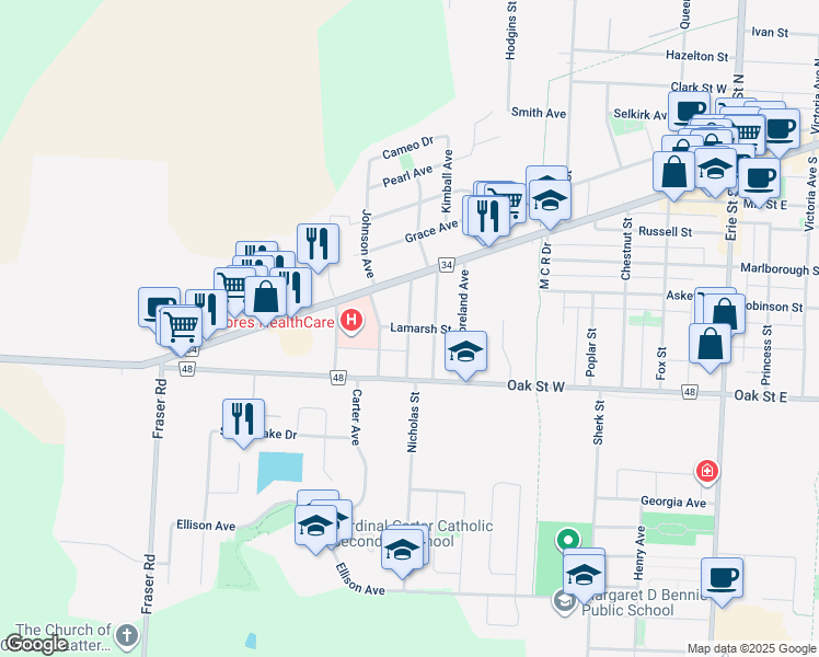 map of restaurants, bars, coffee shops, grocery stores, and more near 21 Noble Avenue in Leamington