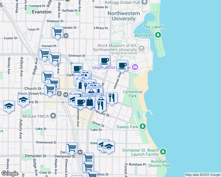 map of restaurants, bars, coffee shops, grocery stores, and more near 1725 Hinman Avenue in Evanston