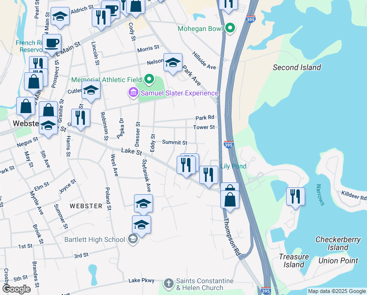 map of restaurants, bars, coffee shops, grocery stores, and more near 15 Everett Avenue in Webster