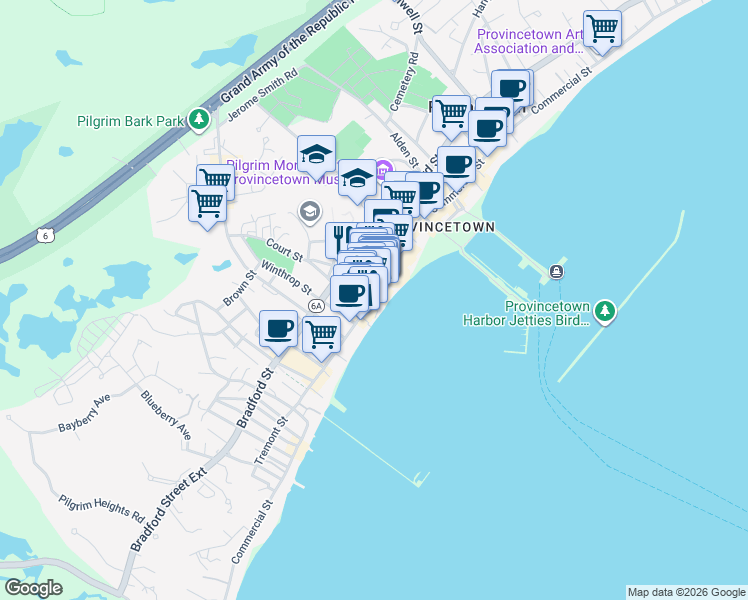 map of restaurants, bars, coffee shops, grocery stores, and more near 177 Commercial Street in Provincetown