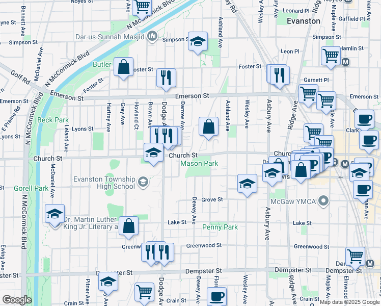 map of restaurants, bars, coffee shops, grocery stores, and more near 1616 Florence Avenue in Evanston