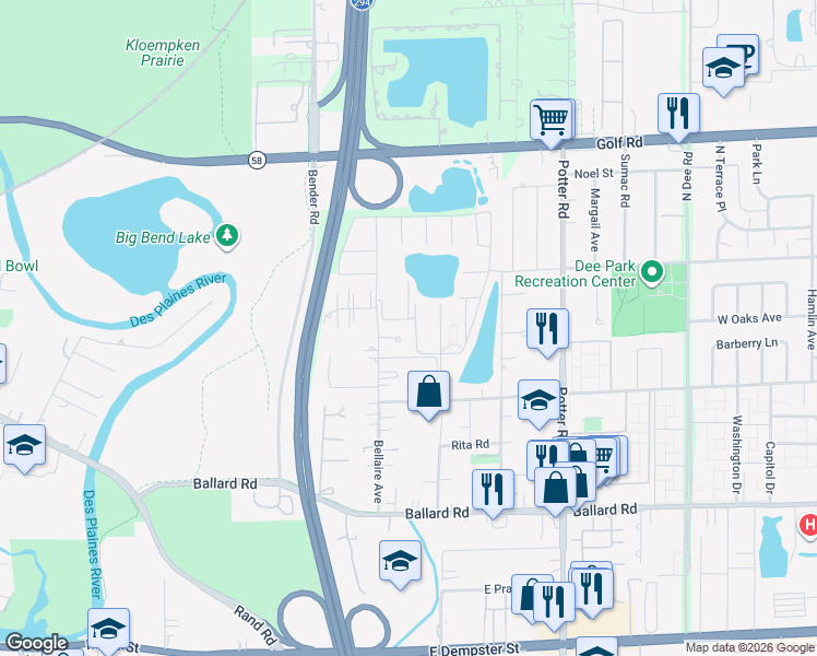 map of restaurants, bars, coffee shops, grocery stores, and more near 9350 Bay Colony Drive in Des Plaines