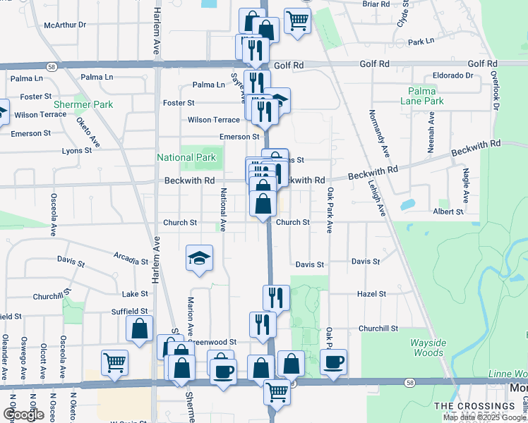 map of restaurants, bars, coffee shops, grocery stores, and more near 9210 Waukegan Road in Morton Grove