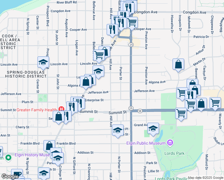 map of restaurants, bars, coffee shops, grocery stores, and more near 573 Hill Avenue in Elgin