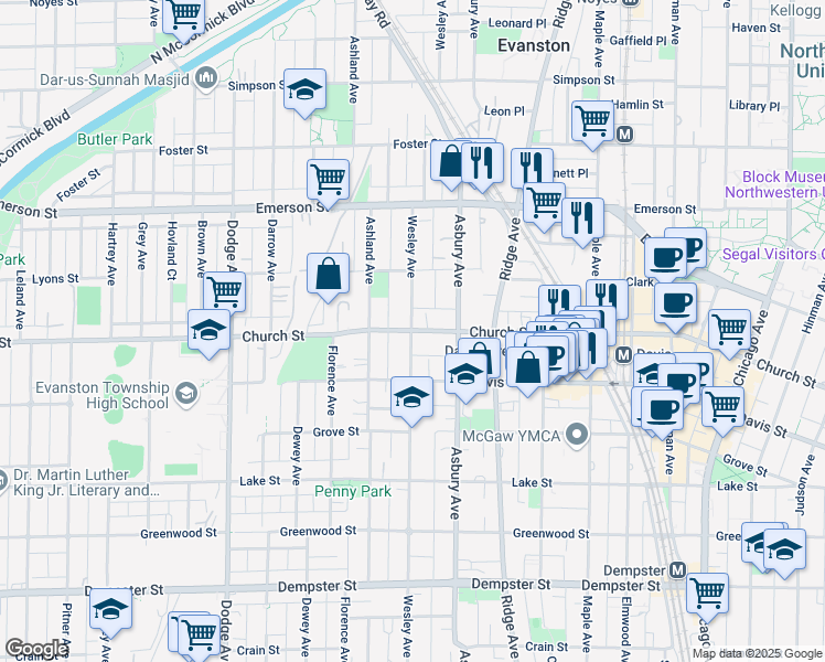 map of restaurants, bars, coffee shops, grocery stores, and more near Church Street in Evanston