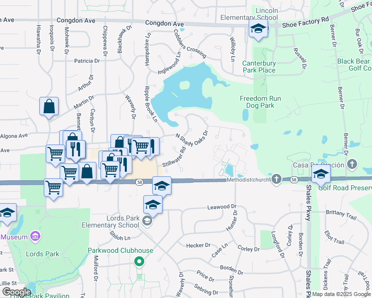 map of restaurants, bars, coffee shops, grocery stores, and more near 1135 Stillwater Road in Elgin