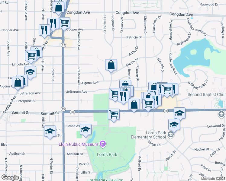 map of restaurants, bars, coffee shops, grocery stores, and more near 555 Hiawatha Drive in Elgin