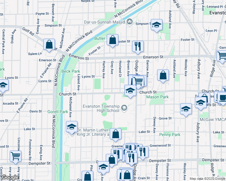 map of restaurants, bars, coffee shops, grocery stores, and more near 2100 Church Street in Evanston