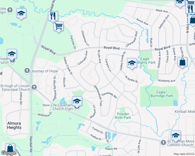 map of restaurants, bars, coffee shops, grocery stores, and more near 590 Yellowstone Drive in Elgin