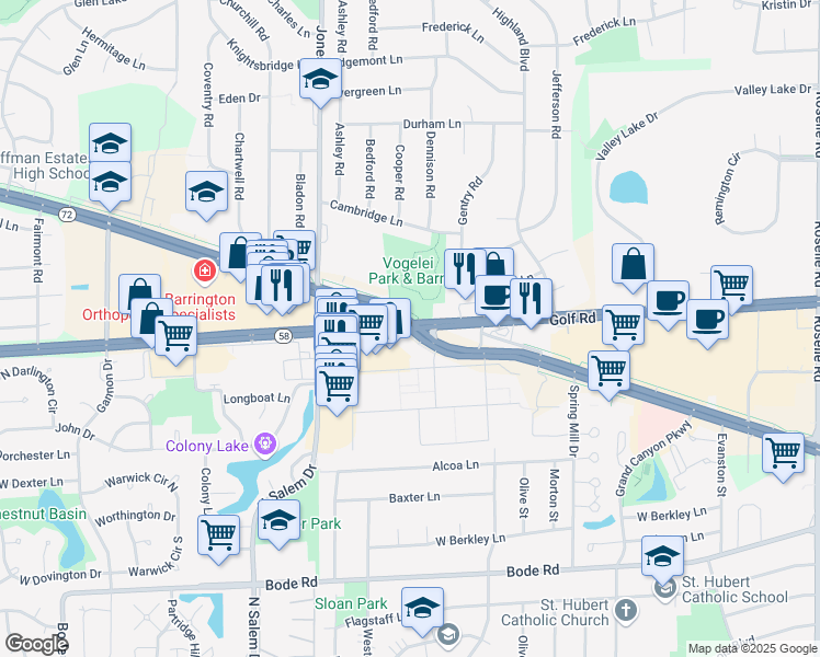 map of restaurants, bars, coffee shops, grocery stores, and more near W Higgins Rd & W Golf Rd in Schaumburg