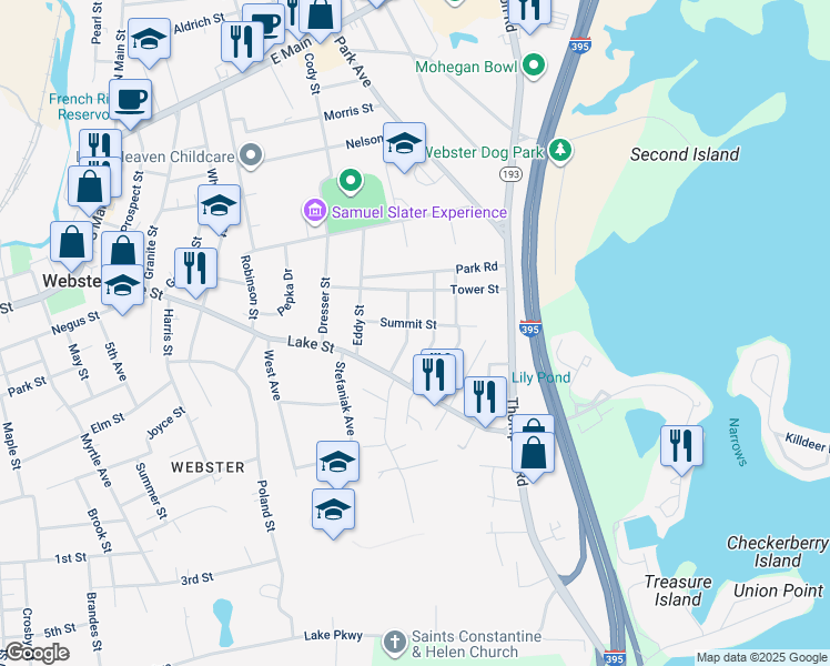 map of restaurants, bars, coffee shops, grocery stores, and more near 15 Everett Avenue in Webster