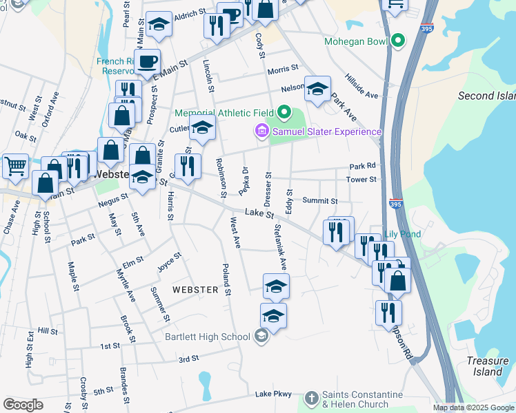 map of restaurants, bars, coffee shops, grocery stores, and more near 92 Lake Street in Webster