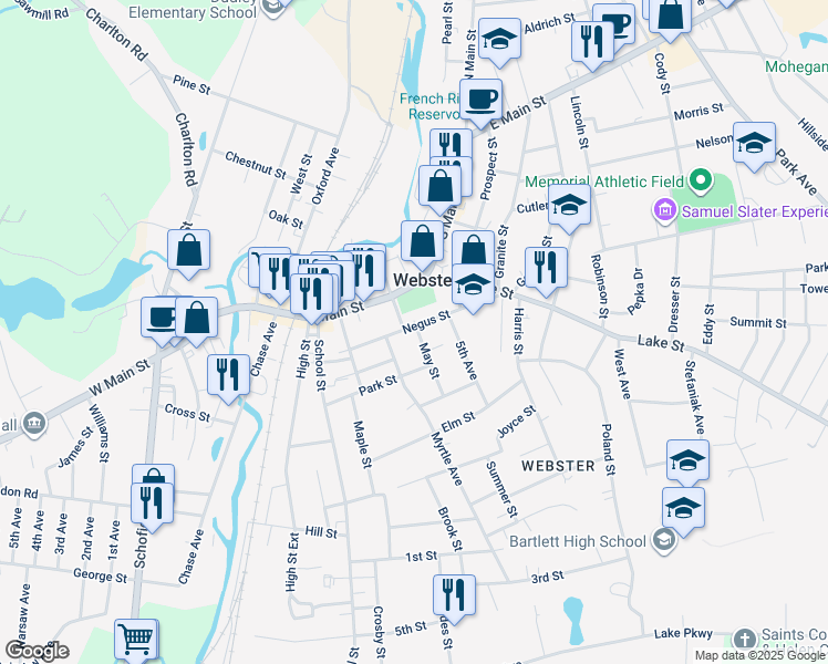 map of restaurants, bars, coffee shops, grocery stores, and more near 11 May Street in Webster
