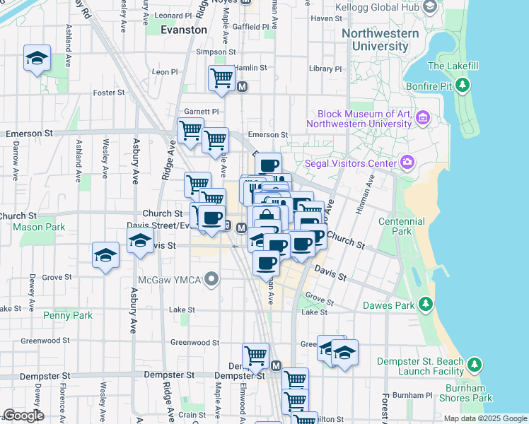 map of restaurants, bars, coffee shops, grocery stores, and more near 1620 N Sherman Avenue in Evanston