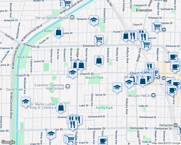 map of restaurants, bars, coffee shops, grocery stores, and more near 1616 Florence Avenue in Evanston