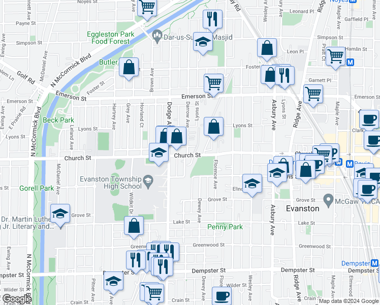 map of restaurants, bars, coffee shops, grocery stores, and more near 1720 Church Street in Evanston