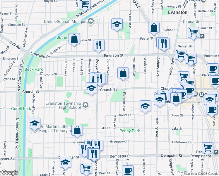 map of restaurants, bars, coffee shops, grocery stores, and more near 1720 Church Street in Evanston