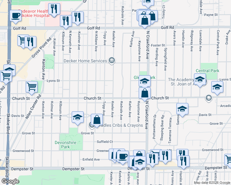 map of restaurants, bars, coffee shops, grocery stores, and more near in Skokie