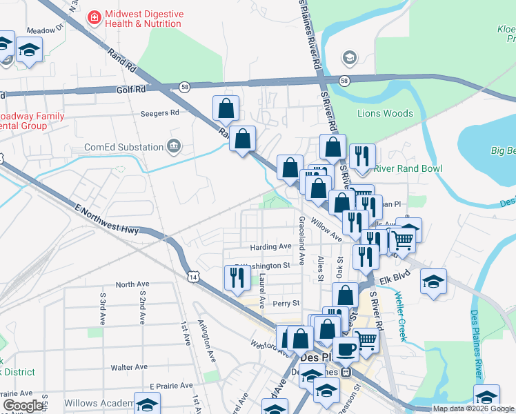 map of restaurants, bars, coffee shops, grocery stores, and more near 1248 Evergreen Avenue in Des Plaines