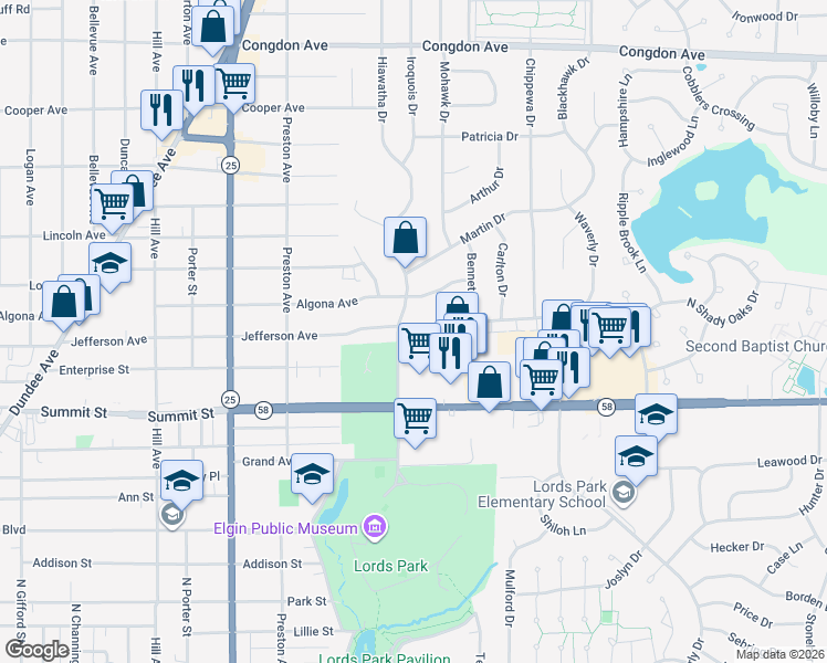map of restaurants, bars, coffee shops, grocery stores, and more near 555 Hiawatha Drive in Elgin