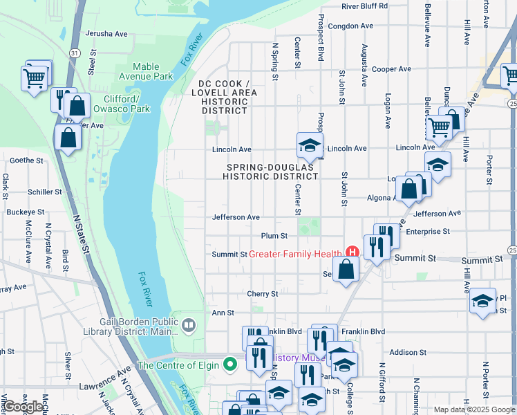 map of restaurants, bars, coffee shops, grocery stores, and more near in Elgin
