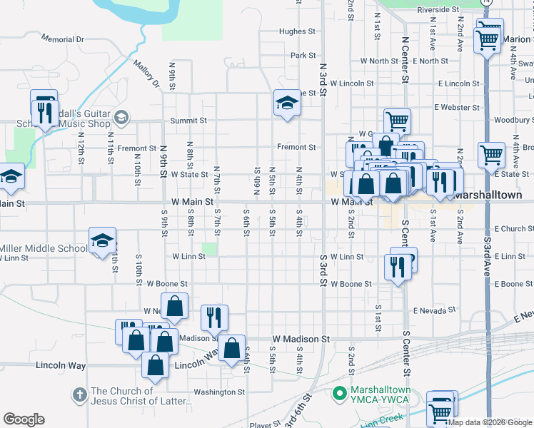 map of restaurants, bars, coffee shops, grocery stores, and more near 509 West Church Street in Marshalltown