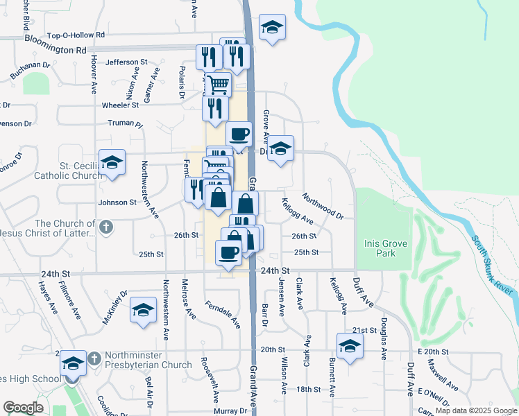 map of restaurants, bars, coffee shops, grocery stores, and more near 615 Luther Drive in Ames