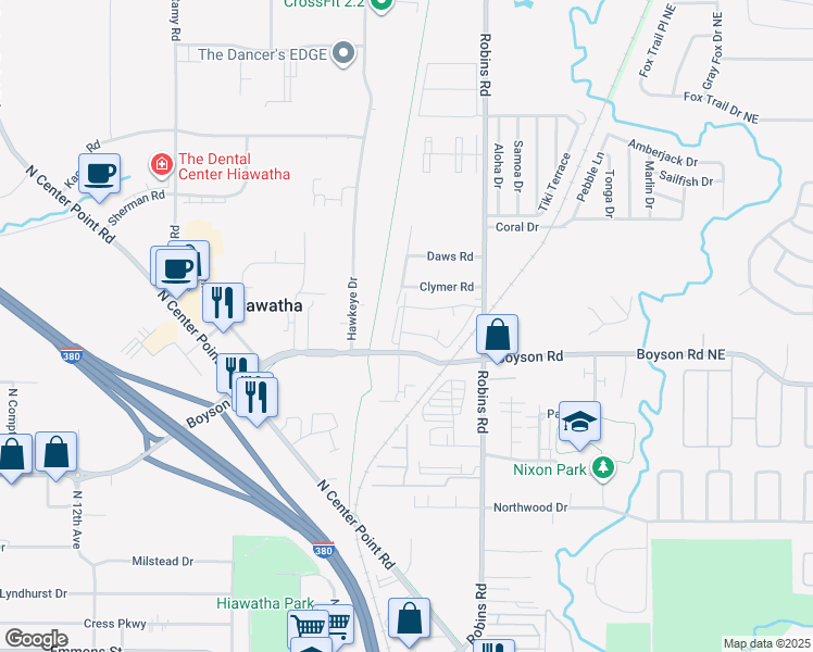 map of restaurants, bars, coffee shops, grocery stores, and more near 100 Boyson Road in Hiawatha