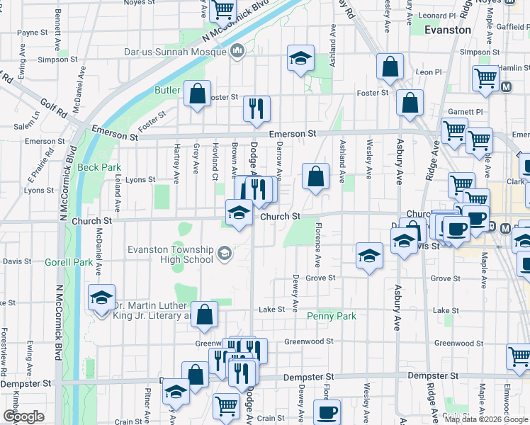 map of restaurants, bars, coffee shops, grocery stores, and more near 1829 Church Street in Evanston