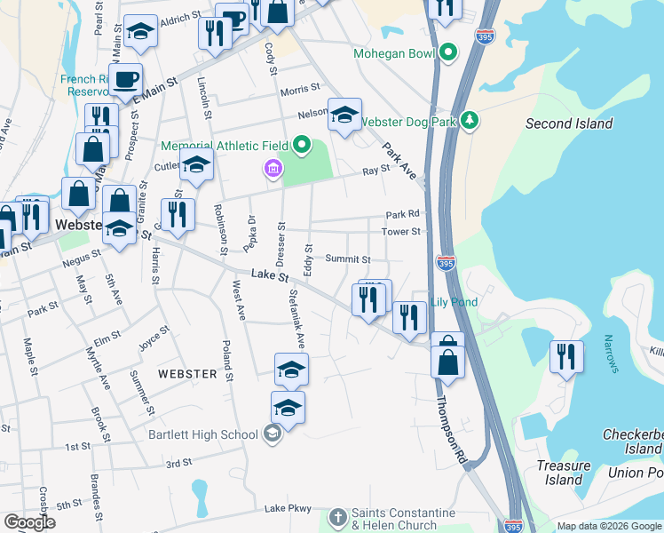 map of restaurants, bars, coffee shops, grocery stores, and more near 57 Emerald Avenue in Webster