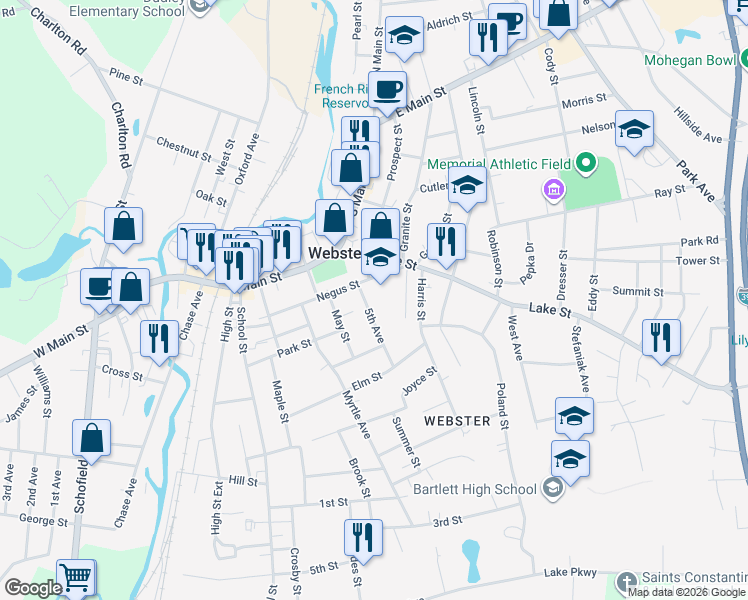 map of restaurants, bars, coffee shops, grocery stores, and more near 17 5th Avenue in Webster