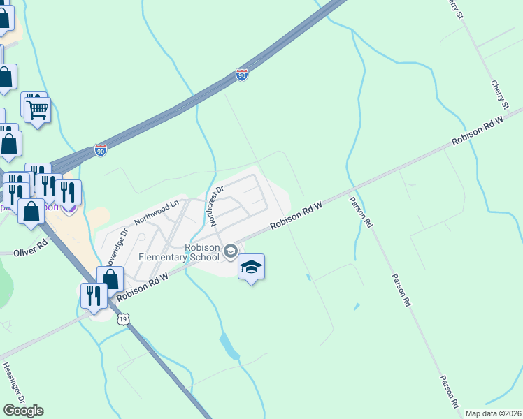 map of restaurants, bars, coffee shops, grocery stores, and more near 1518 Robison Rd W in Erie