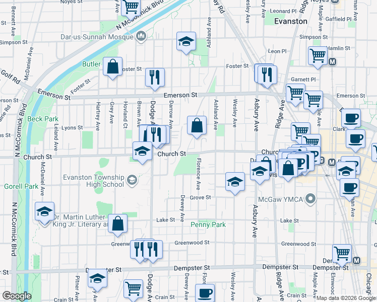 map of restaurants, bars, coffee shops, grocery stores, and more near 1616 Florence Avenue in Evanston