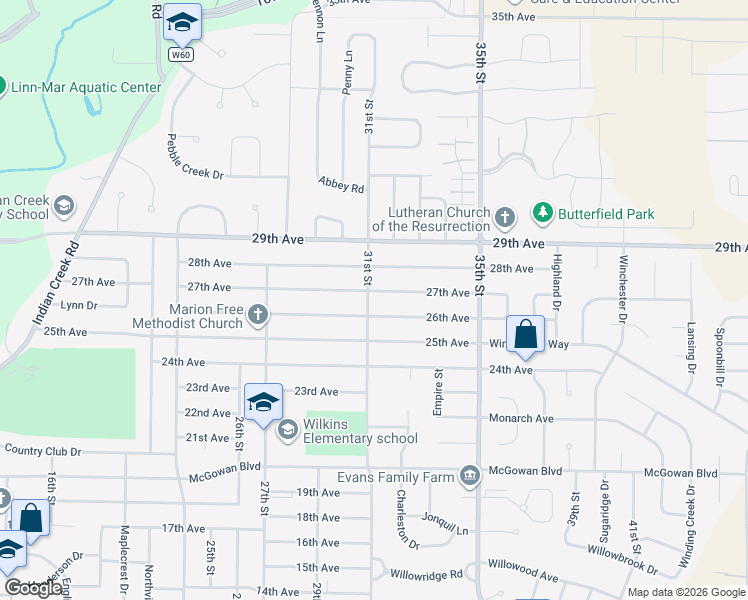 map of restaurants, bars, coffee shops, grocery stores, and more near 3095 26th Avenue in Marion